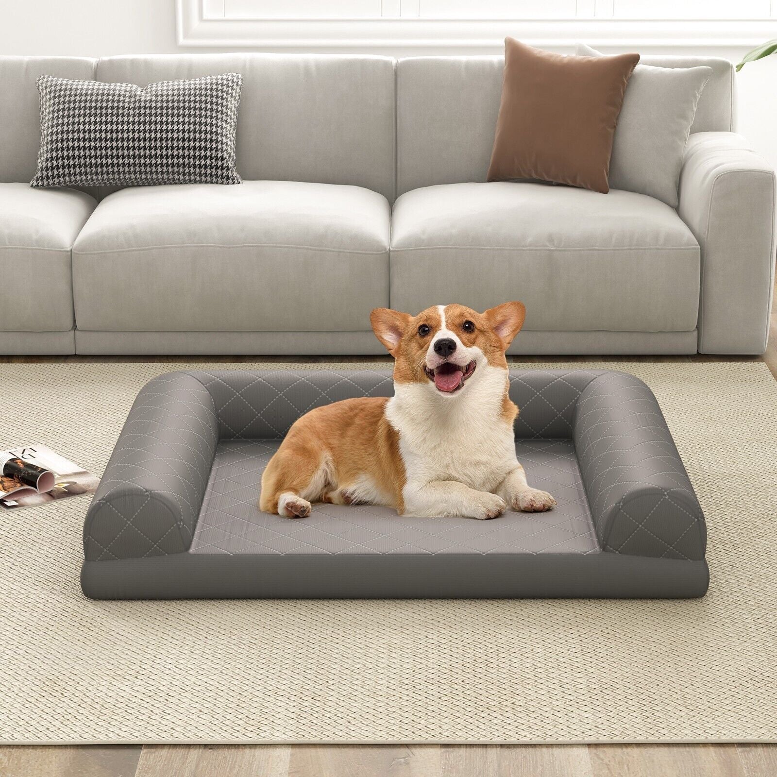 Orthopedic Dog Bed Medium Small Dogs Egg-Foam Dog Crate Bed W/ 3-Side Bolster